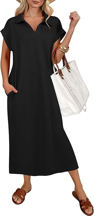 ANRABESS Womens Summer Casual Midi Dresses Short Sleeve Polo V Neck Loose Split Wrinkle-Free Beac... | Amazon (US)