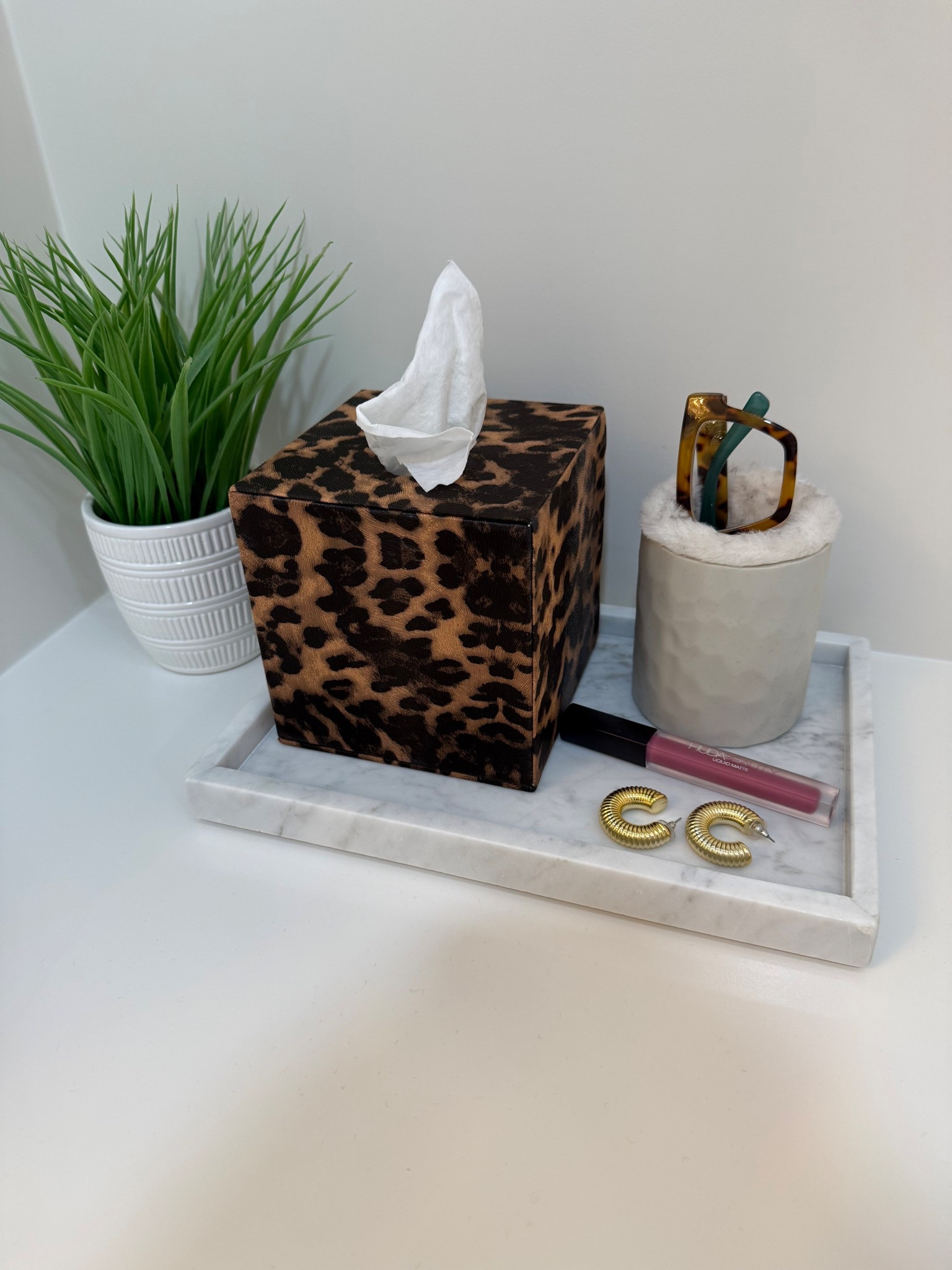 New marble tray from Amazon , leopard tissue holder , eye glass holder 