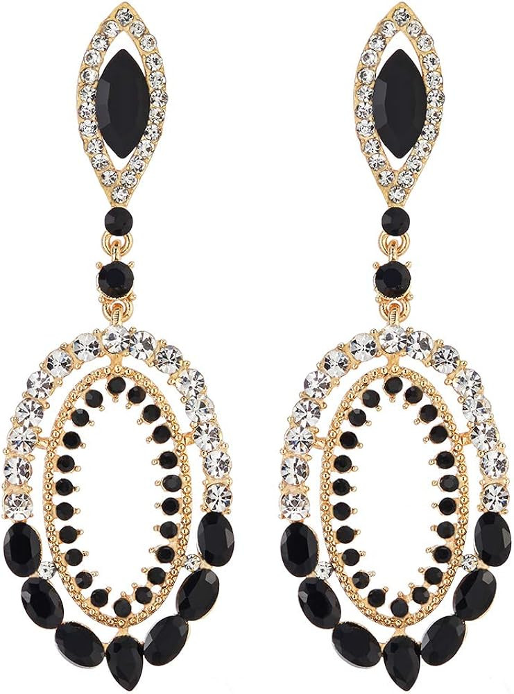Victorian Marquise Black Crystal Rhinestone Cluster Large Oval Dangle Statement Earrings Gold Col... | Amazon (US)