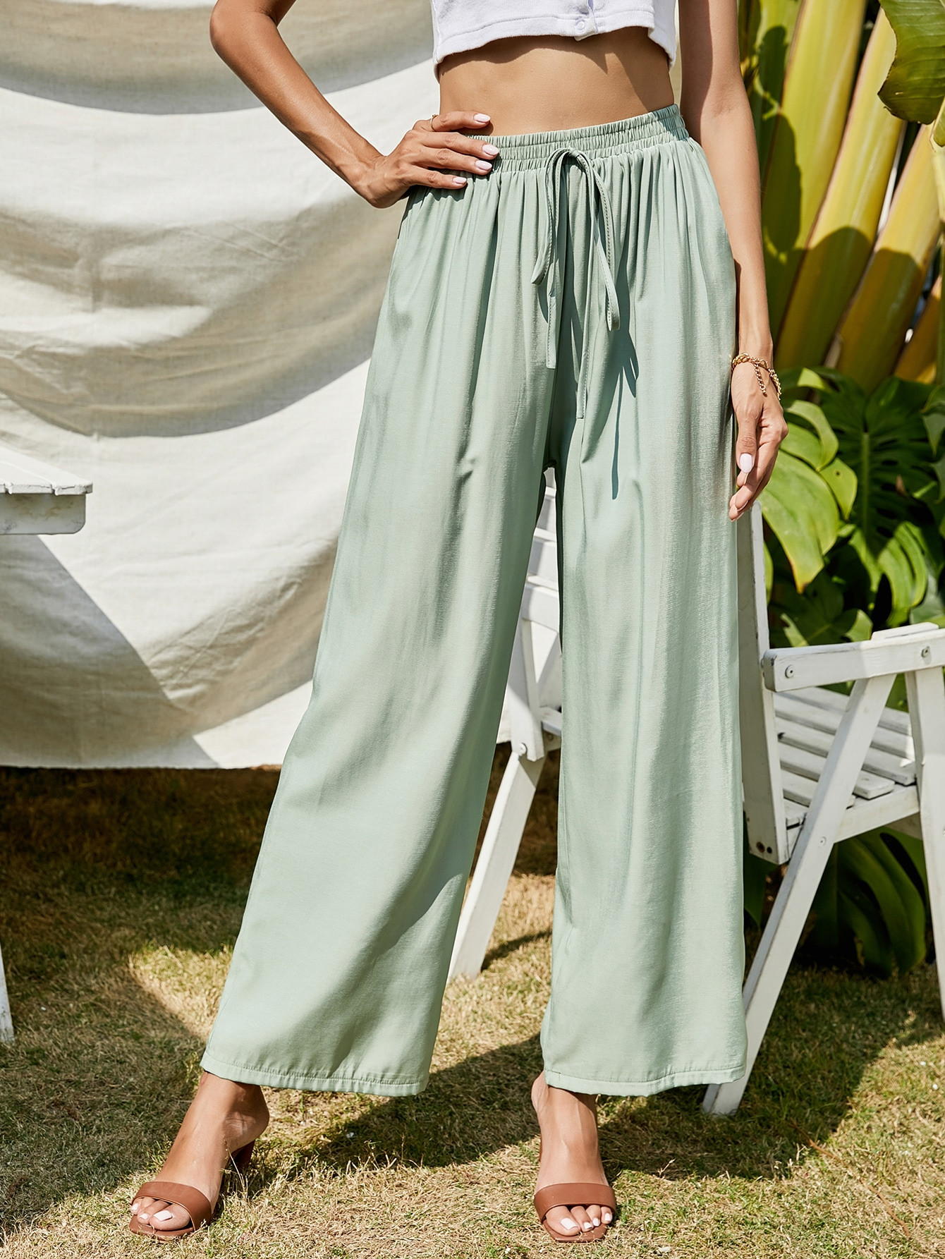 NEWSolid Knot Front Wide-leg Pants | SHEIN