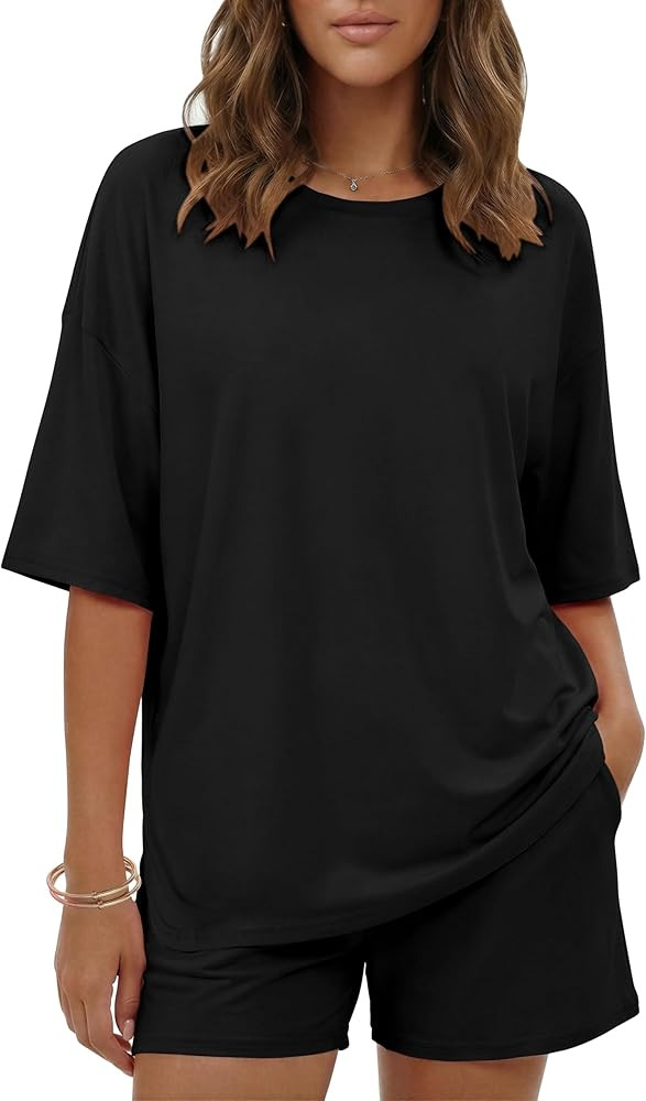 Ekouaer Women's Two Piece Lounge Set Oversized Boxy T-shirt Casual Short Sets Summer Travel Match... | Amazon (US)
