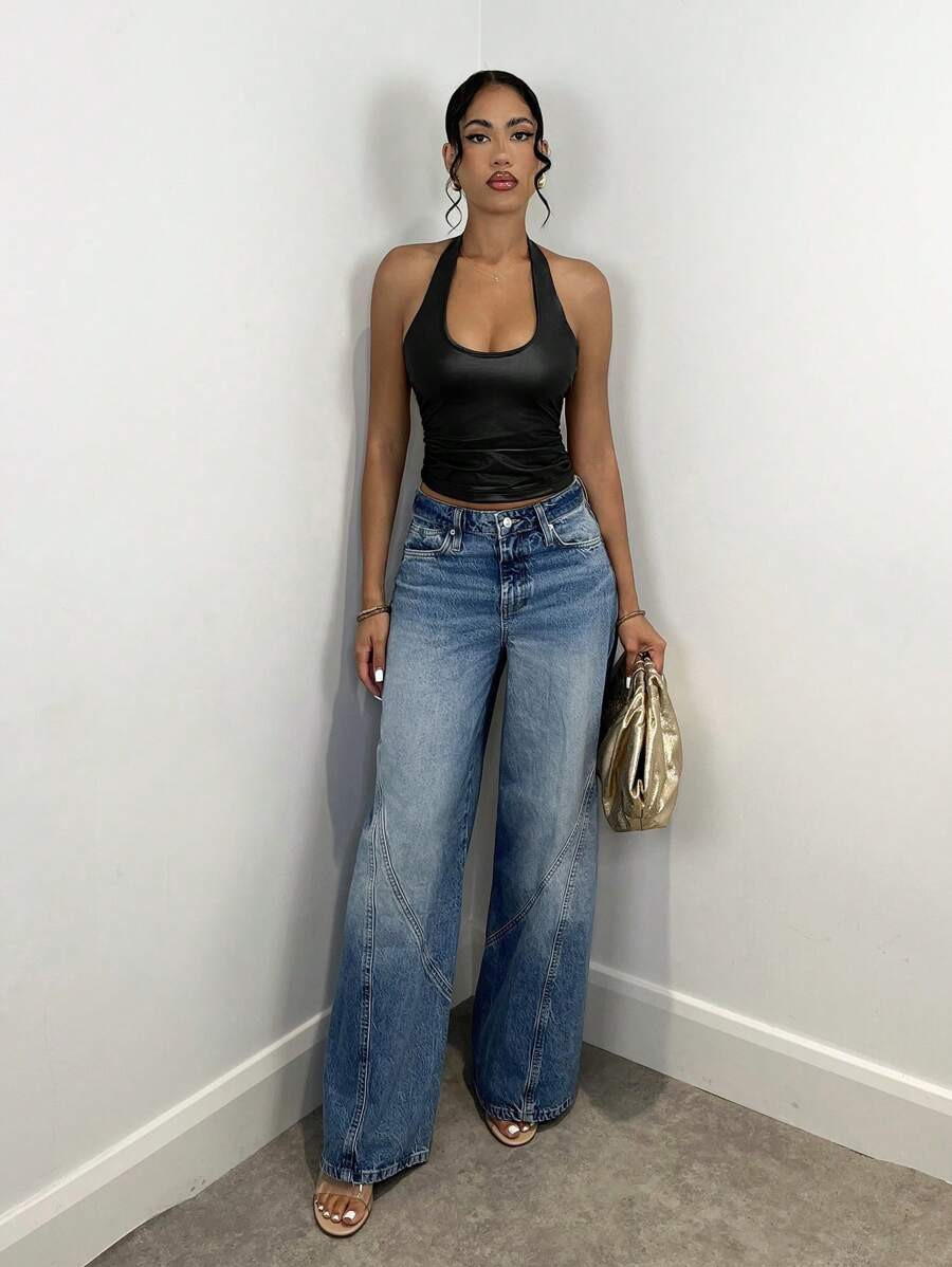 SHEIN BAE Women's Plain Halter Neck Simple Camisole, Casual Daily Wear Fall Clothes PU Elasticity... | SHEIN