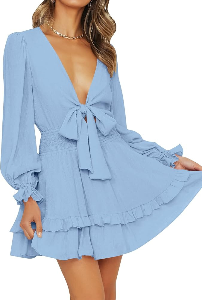 ZESICA Women's Sexy Deep V Neck Knot Front Long Sleeve Smocked Wiast Ruffle Tiered Swing Mini Ska... | Amazon (US)