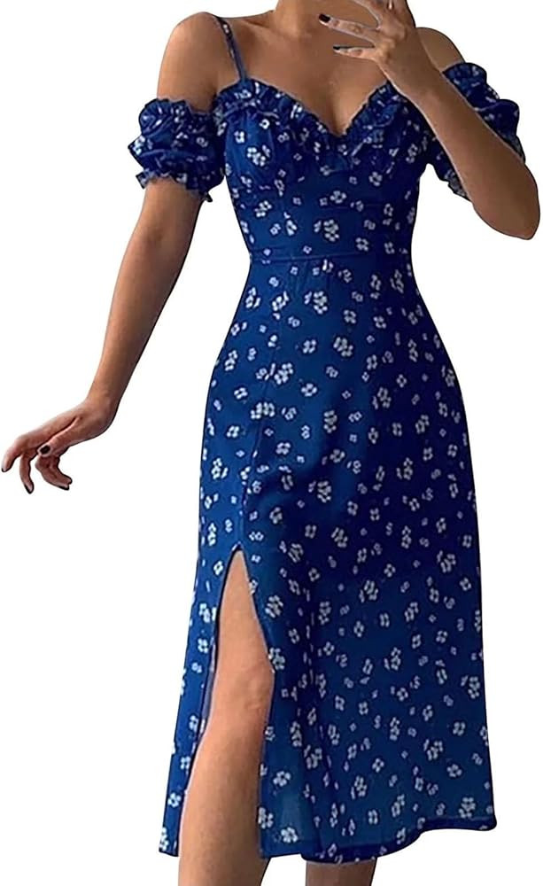 Wedding Guest Dresses for Women Summer Floral Dress Side Split Spaghetti Strap Maxi Dress Flowy C... | Amazon (US)