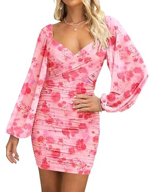 BTFBM Women's Elegant Ruched Bodycon Dresses Summer Fall Mesh Long Sleeve Cross V Neck Party Club... | Amazon (US)