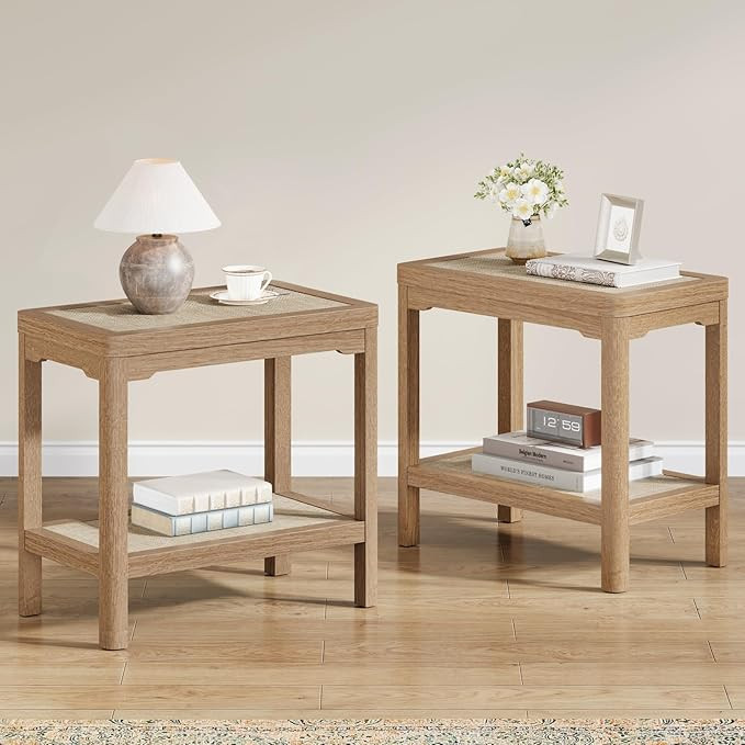 Rattan Night Stand - Farmhouse 2 Tier End Table for Bedroom - Accent Side Table wtih Open Storage... | Amazon (US)