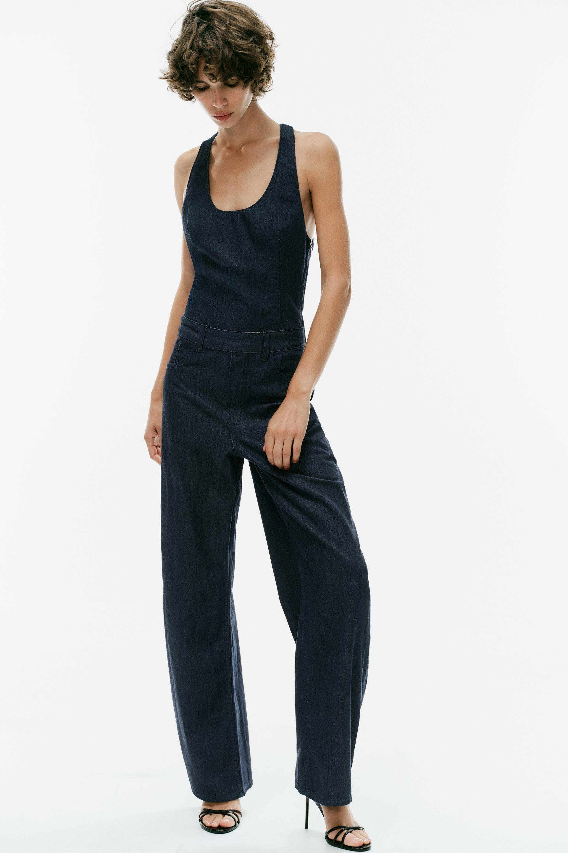CROSSOVER STRAP DENIM-EFFECT LONG JUMPSUIT | Zara US