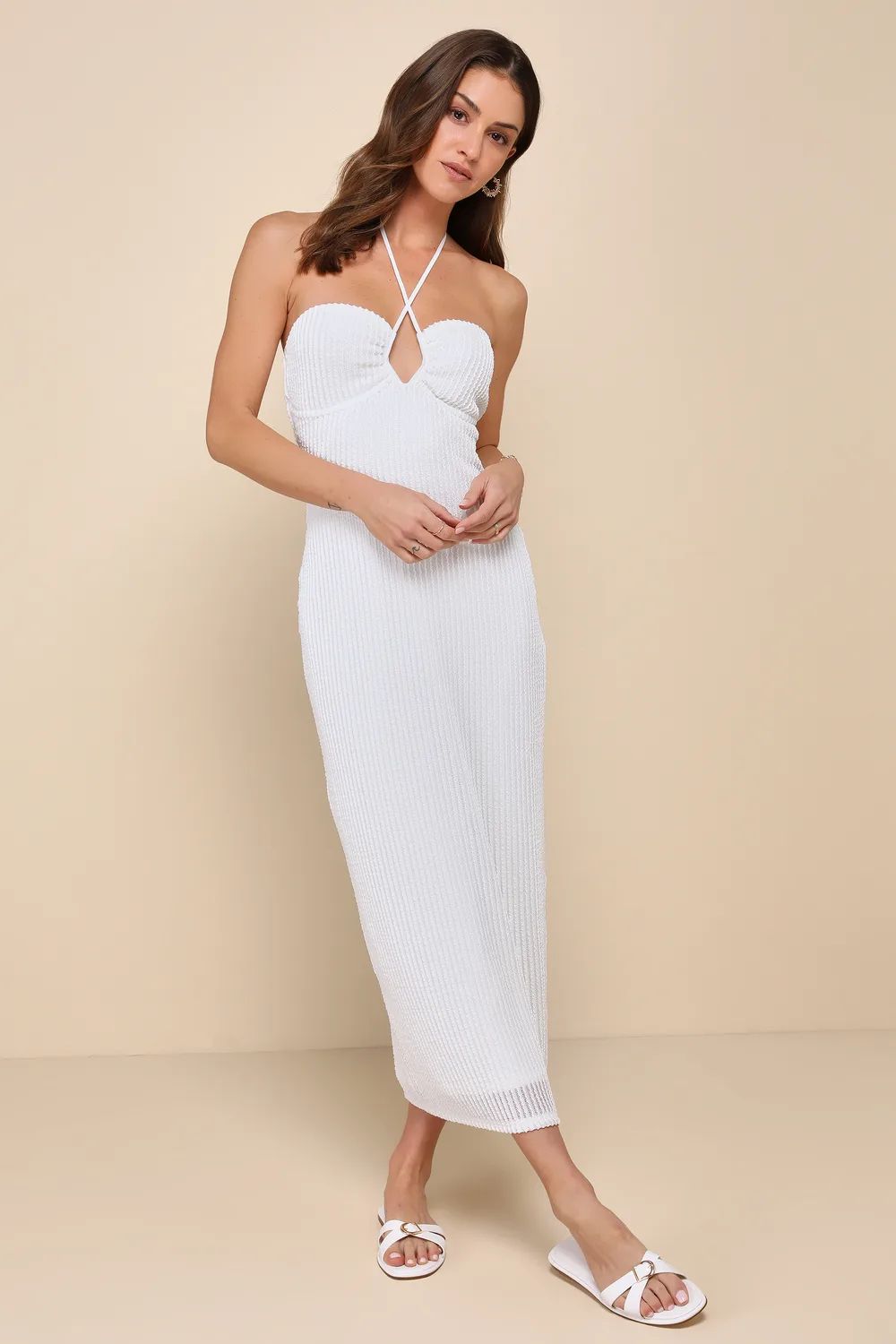 Flirty Passion White Textured Ribbed Knit Halter Midi Dress | Lulus