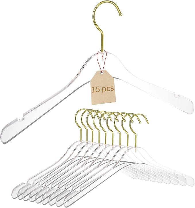 YEBIAO 15 Pack Acrylic Hangers Clear and Gold Hangers Premium Quality Clear Acrylic Clothes Hange... | Amazon (US)