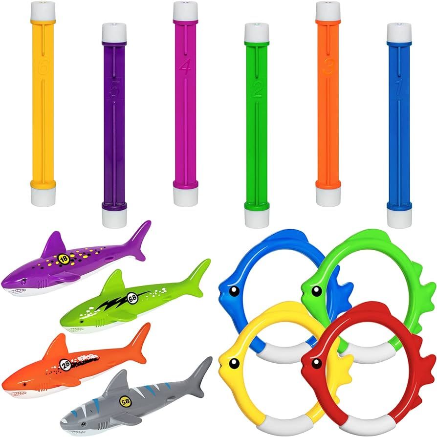 14 Pcs Pool Toys for Kids Ages 4-8, Diving Toys with Diving Rings, Pool Shark Torpedo Bandits, Su... | Amazon (US)