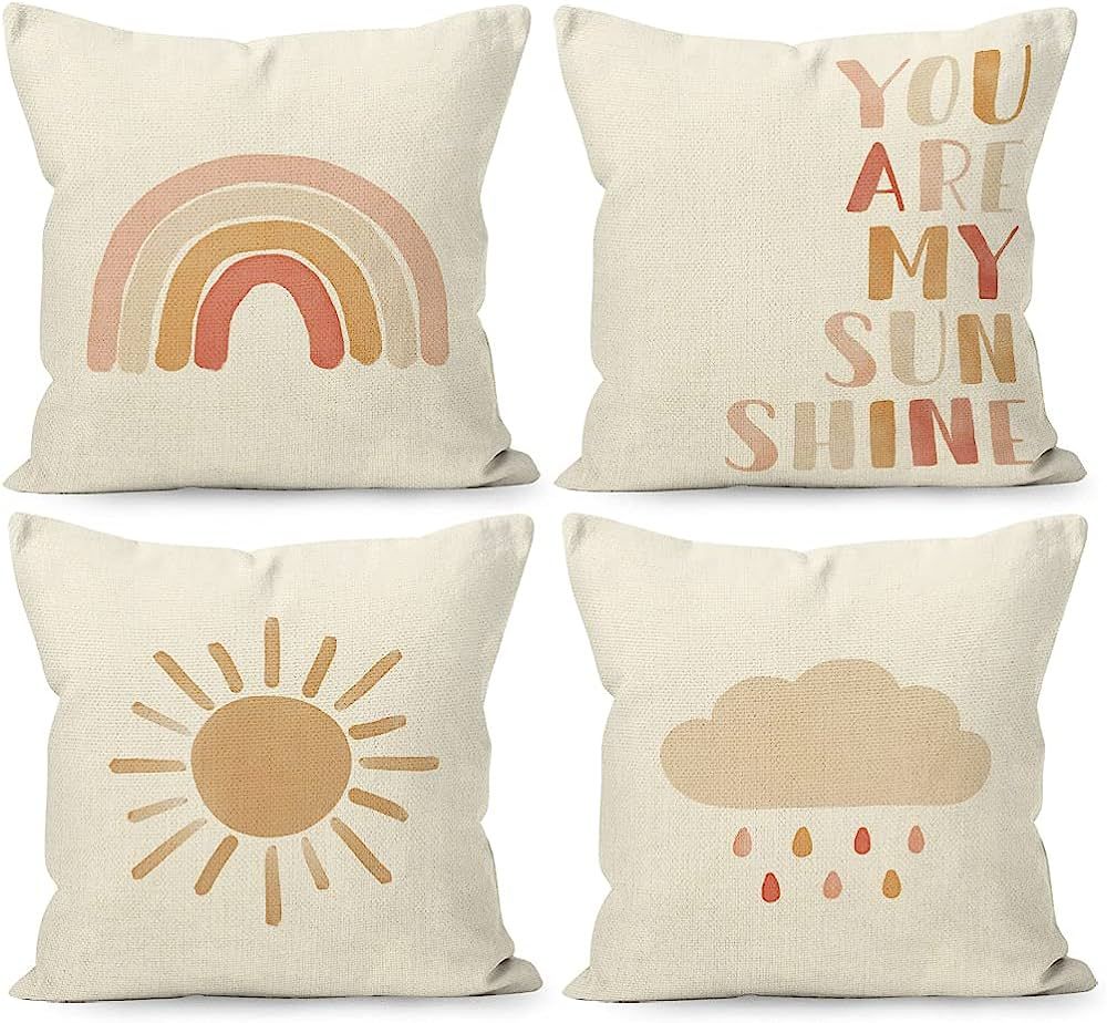 YUESHARE Boho Watercolor Rainbow Sun Cloud Rain You Are My Sunshine Linen Throw Pillow Cover 18 x... | Amazon (US)