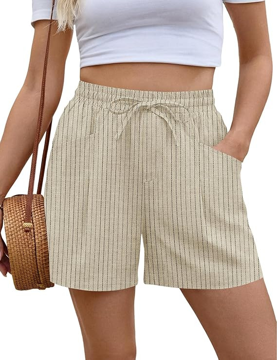 Rapbin Womens Shorts Summer Linen Cotton Wide Leg Drawstring Elastic Waist Casual Shorts with Poc... | Amazon (UK)