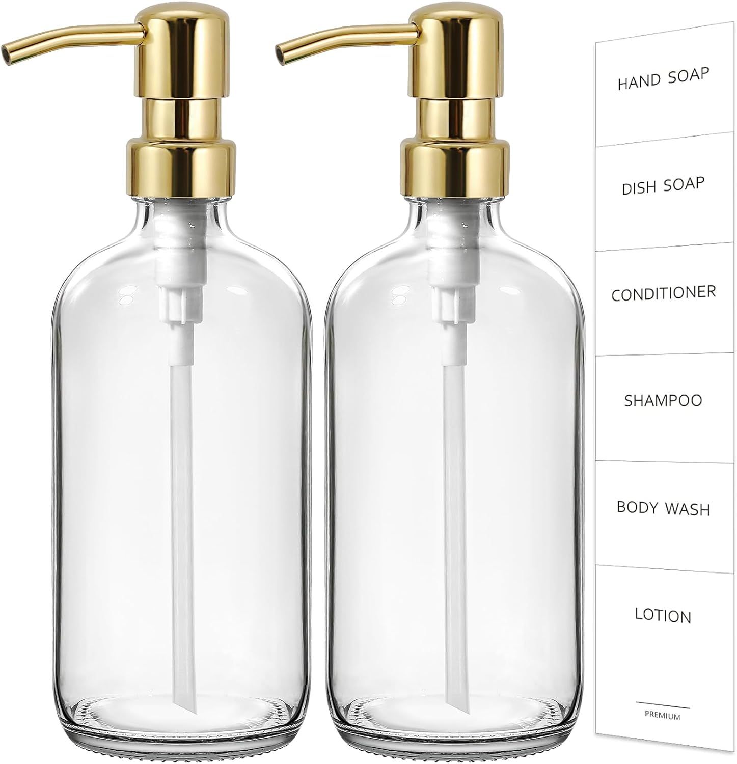 GMISUN Gold Soap Dispenser, 2 Pack Clear Glass Soap Dispenser with Rustproof Golden Pump, 16 Oz C... | Amazon (US)