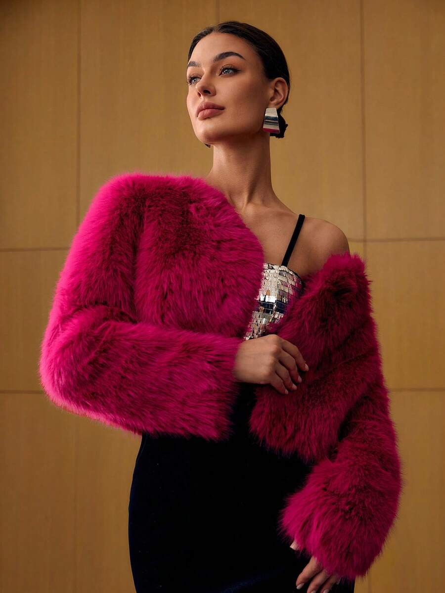 MOTF PREMIUM CROP LONG SLEEVE FAUX FUR COAT | SHEIN