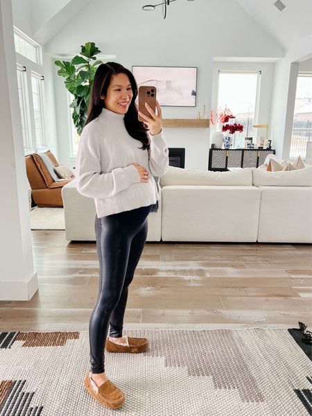 Maternity winter outfit with a cropped cashmere turtleneck sweater and Spanx faux leather leggings. Use code HKXSPANX for 10% off. Sizes up to size small on the maternity leggings so they weren’t as tight. Wearing size XS in my sweater  

#LTKSeasonal #LTKsalealert #LTKbump