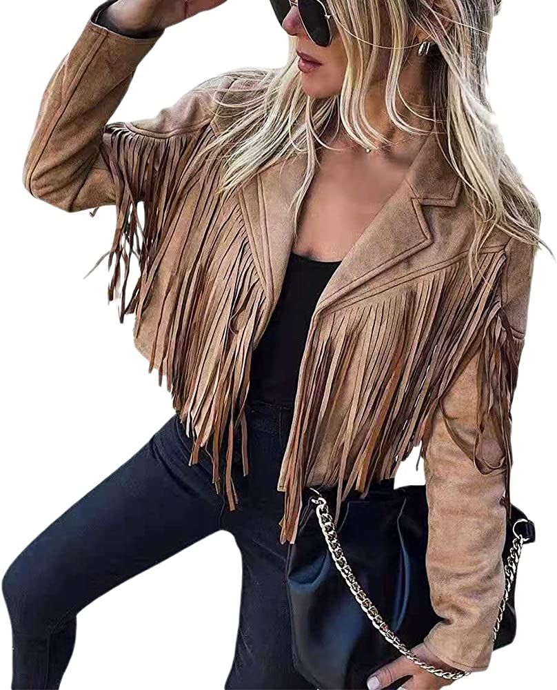 Women Vintage Faux Suede Tassel Cropped Jacket Long Sleeve Fringe Coat Hippie Motorcycle Biker Ja... | Amazon (US)