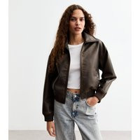 Women's Dark Brown Faux Leather Bomber Jacket New Look | New Look (UK)