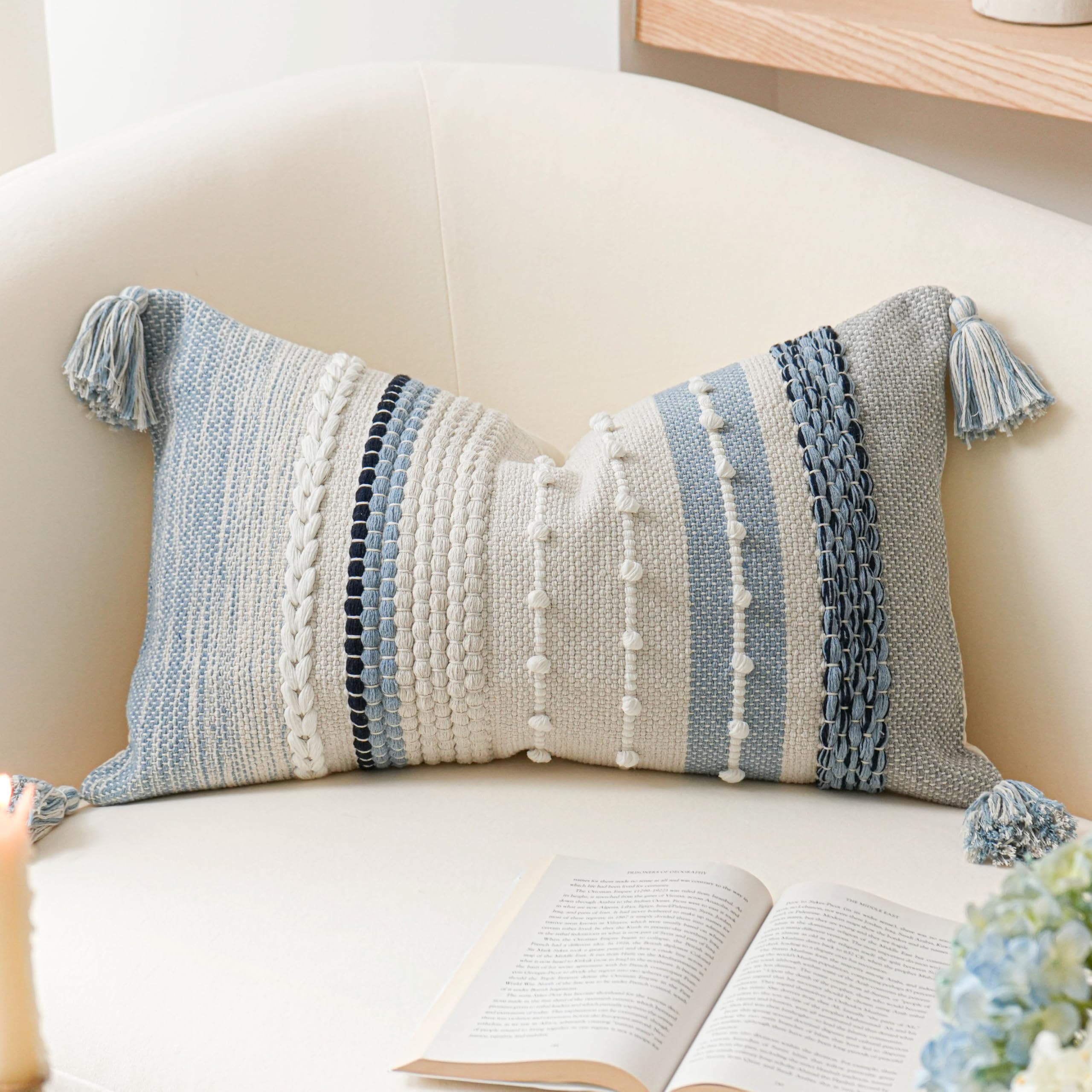 BlissBlush Decorative Lumbar Throw Pillow Cover 14x24 Boho Coastal Blue Accent Cushion for Couch ... | Amazon (US)