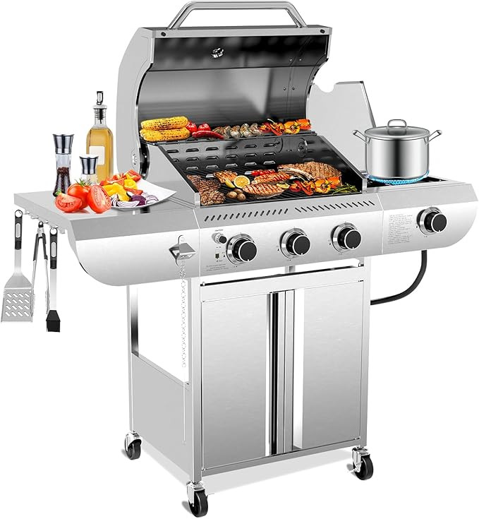 3-Burner Propane Gas Grill with Side Burner – 34,000 BTU Stainless Steel Outdoor BBQ Grill, Cas... | Amazon (US)