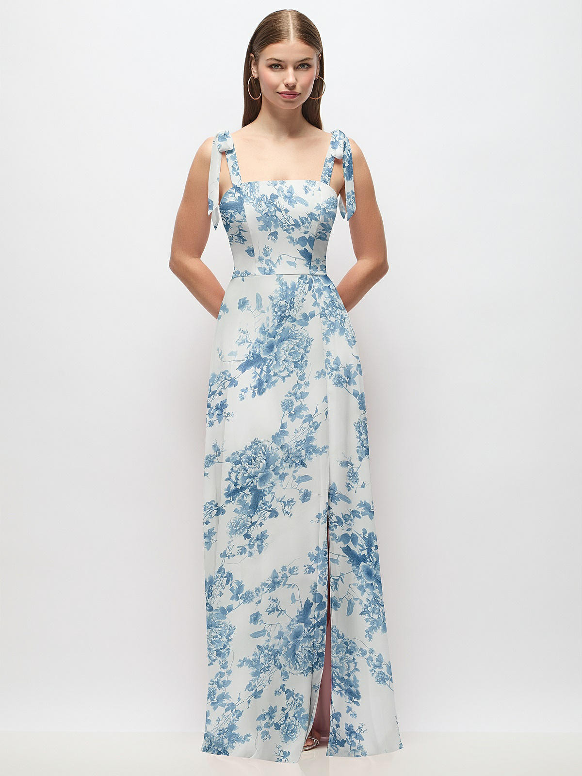 Tie-Shoulder Chiffon Maxi Dress with Front Slit | The Dessy Group