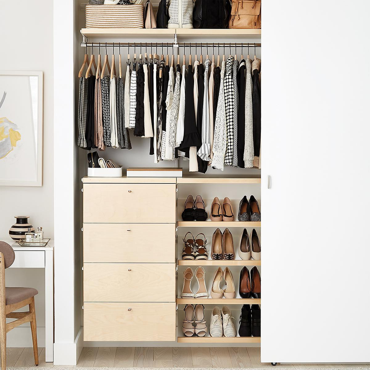 Elfa Décor 4' Birch & White Small Reach-In Closet | The Container Store