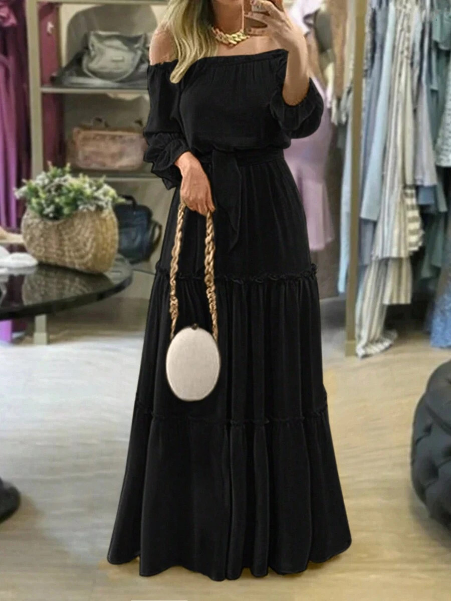 Women's Off-Shoulder Solid Color Long Sleeve Belted Elegant Dress, Summer Clothes, Vacation Outfi... | SHEIN