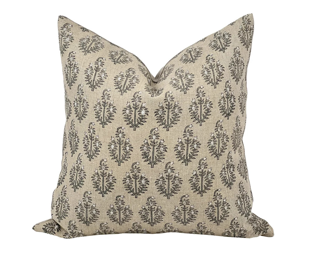 PAISLEY | Designer Sand Fog Linen Pillow Cover, Block Print Pillow, Grey Blue Floral Print Pillow... | Etsy (US)