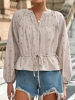 Tankaneo Womens Striped Cropped Button Down Shirts Puff Long Sleeve Peplum Tops Drawstring Waist ... | Amazon (US)