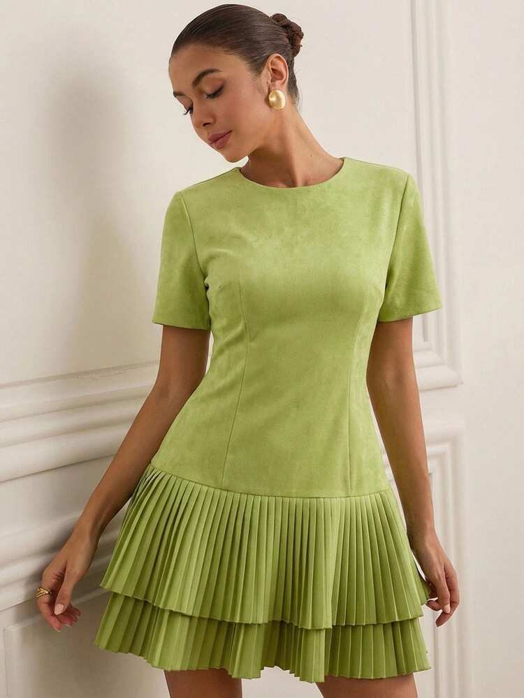 Aveloria Rosie French Elegant Style, Patchwork Hem Pleated Design, Waist-Cinching Slim-Fit Round ... | SHEIN