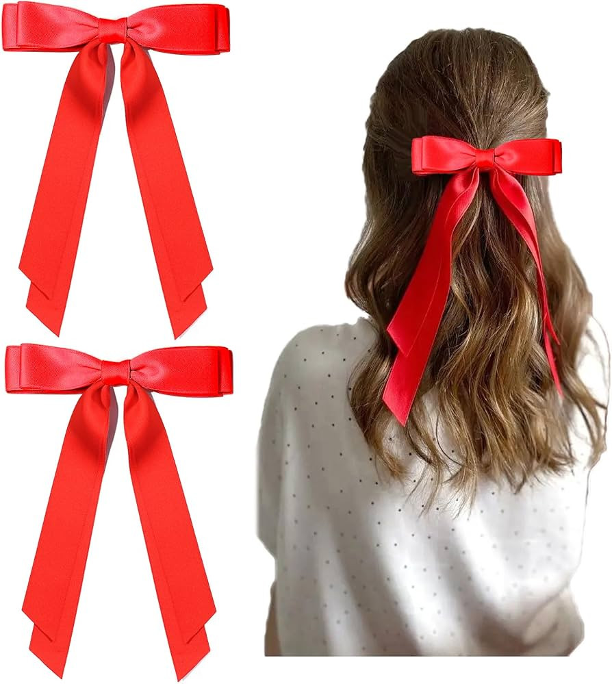 Ayesha Red Hair Bows Clips Red Satin Ribbon Bows with Long Tail Christmas Hair Bows Barrettes Hai... | Amazon (US)