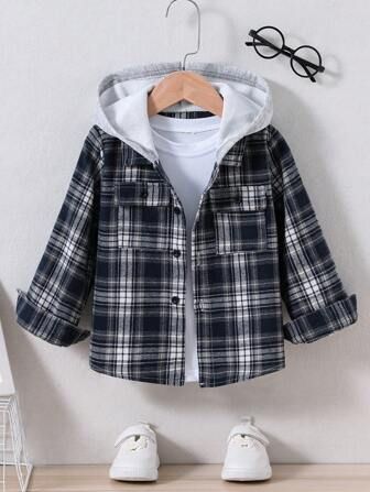 SHEIN Kids EVRYDAY Toddler Boys Plaid Print Flap Pocket Hooded Coat Without Tee | SHEIN