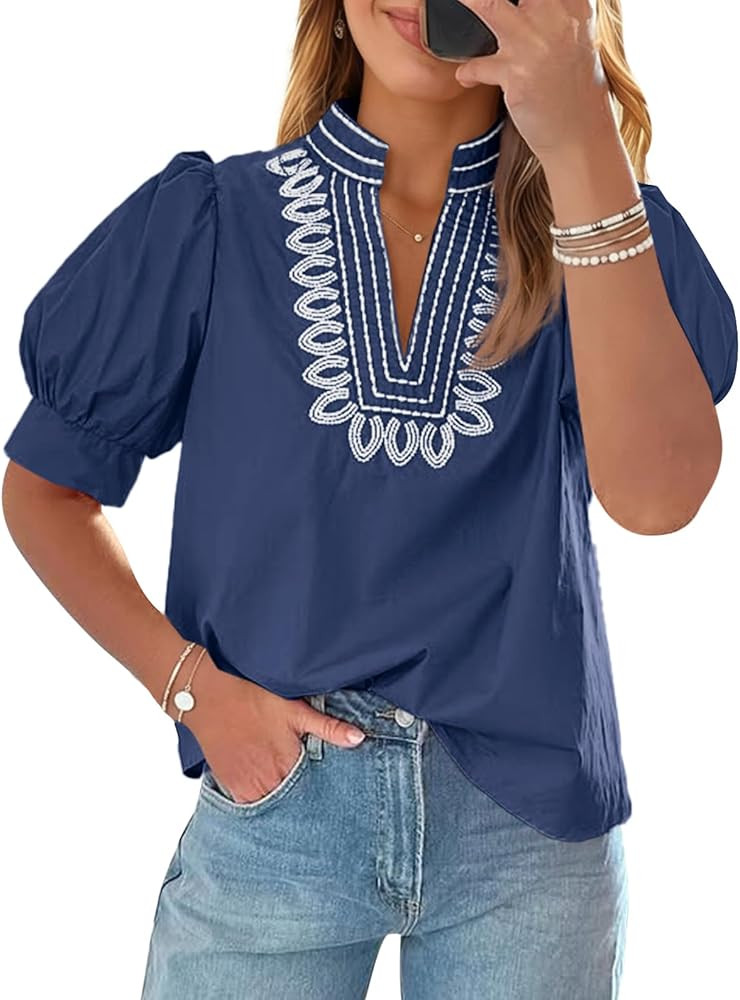 Cicy Bell Womens Puff Short Sleeve Blouses Summer Casual Dressy Embroidered V Neck Tops Loose Fit... | Amazon (US)