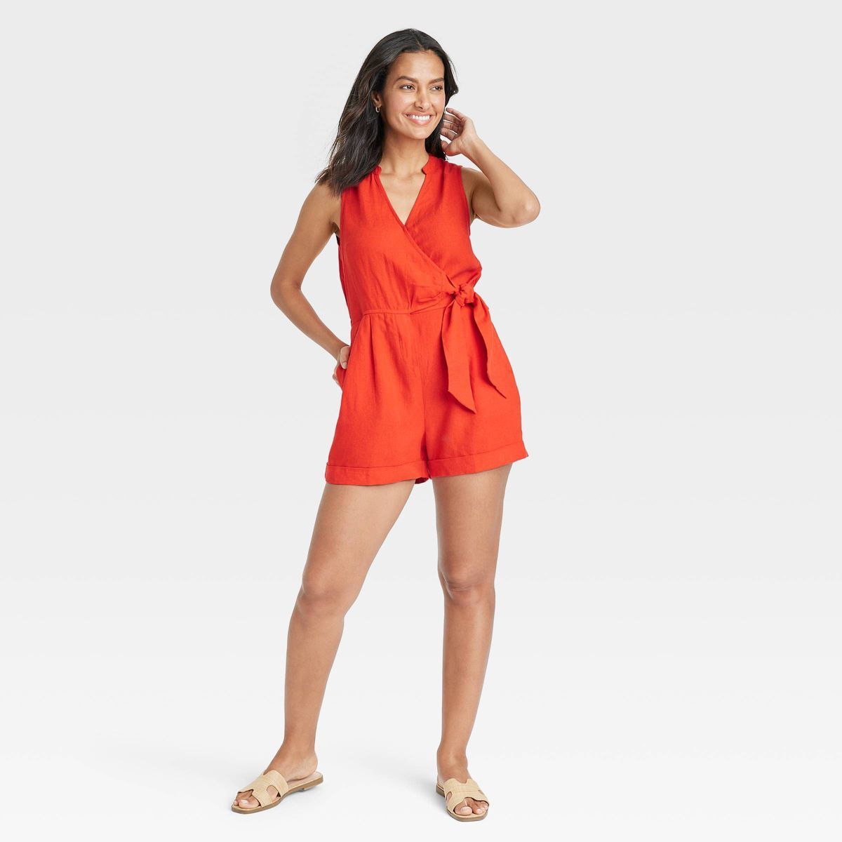 Women's Linen Mini Jumpsuit - A New Day™ Tan/White Print M | Target