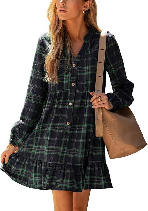 CUPSHE Women Fall Dresses Plaid Ruffle Hem V Neck Long Sleeve Button Holiday Tunic Mini Dress | Amazon (US)