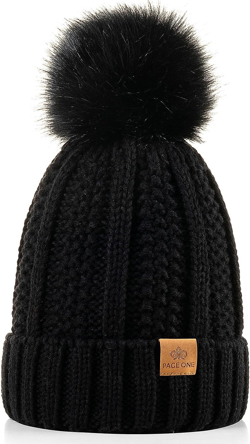 PAGE ONE Womens Winter Thick Cable Knit Beanie Faux Fur Pom Hat Fleece Lined Skull Cap | Amazon (US)