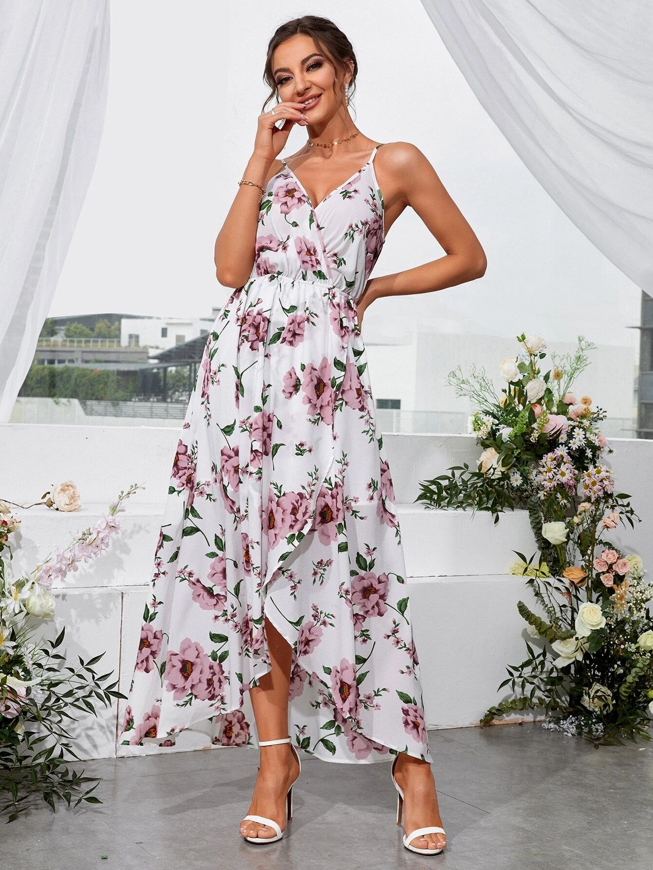 Floral Print Overlap Collar Wrap Hem Formal Dress | SHEIN