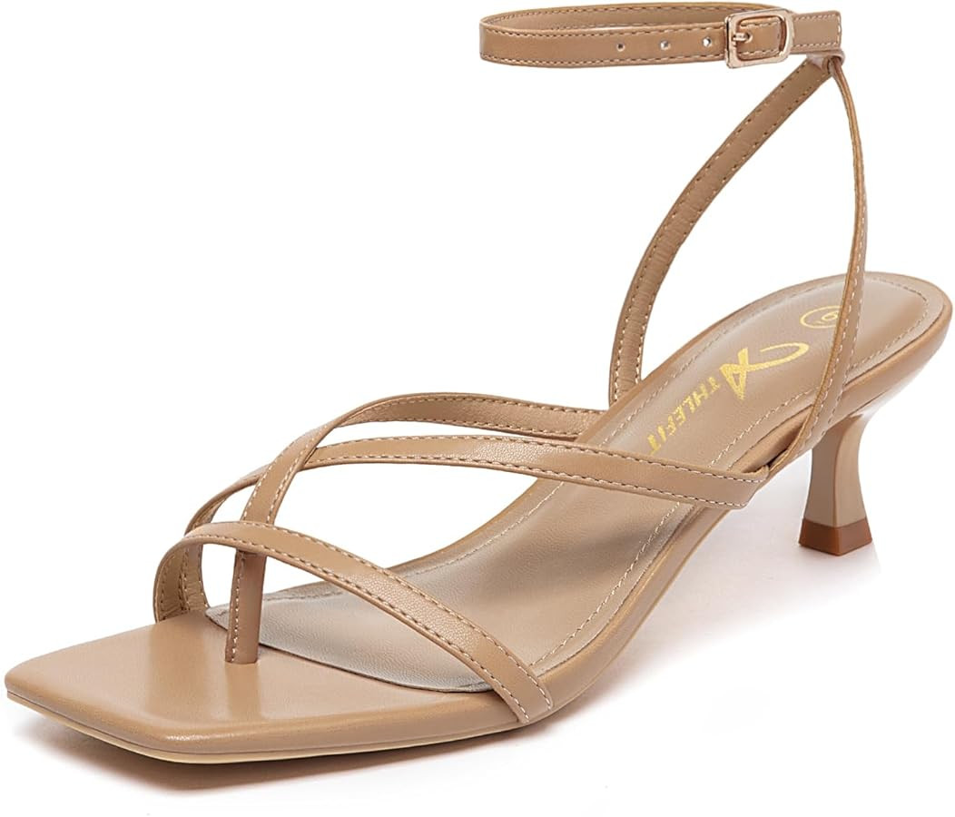 Athlefit Women's Strappy Kitten Heels Square Toe Flip Flops Low Heels Ankle Strap Party Dress Tho... | Amazon (US)