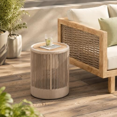 IRONORA Outdoor Rattan Rope & Acacia Wood Side Table - Patio Balcony Furniture for Garden, Yard, Balcony - Weather Resistant | Amazon (US)