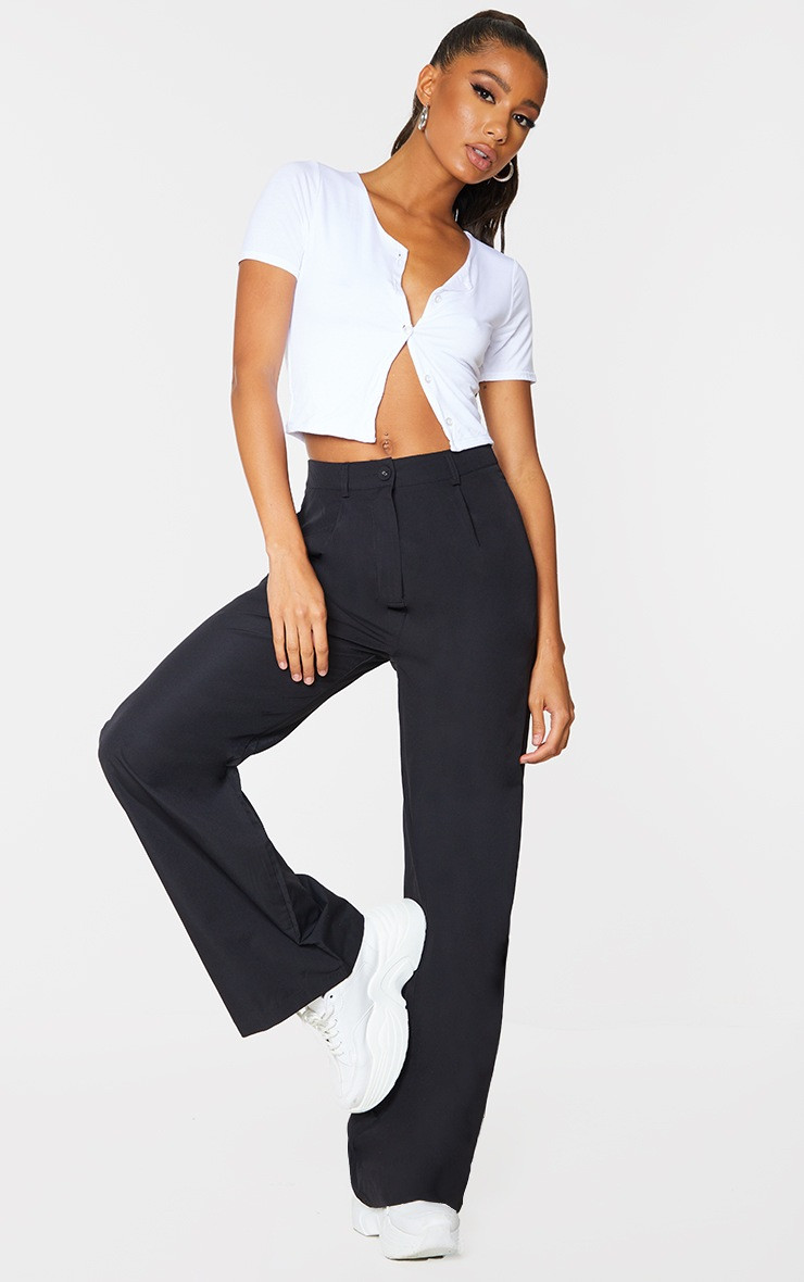 Black Peach Skin Straight Leg Trousers | PrettyLittleThing UK