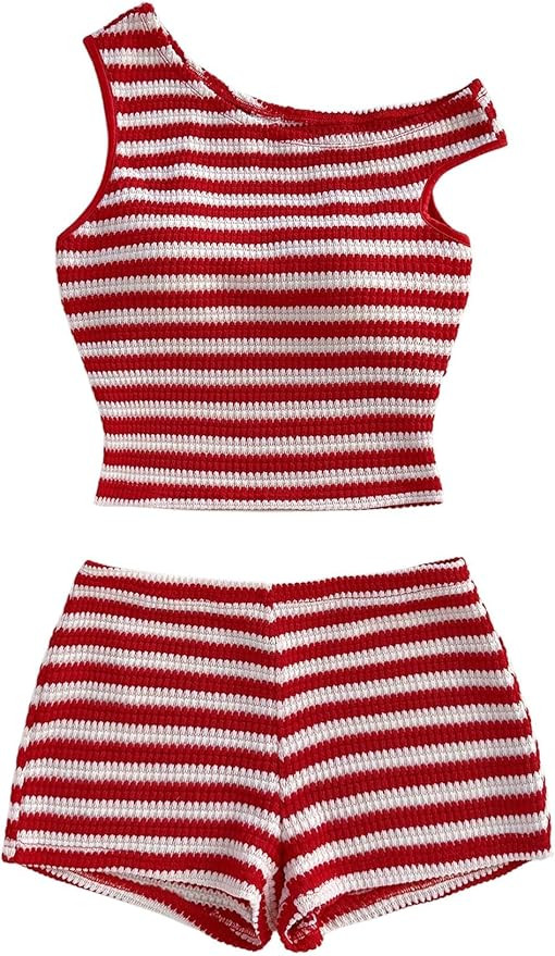 Verdusa Women's 2 Piece Striped Set Off Shoulder Tops and Shorts Summer Two Piece Going Out Beach... | Amazon (US)