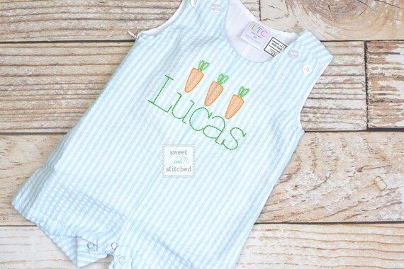 Monogrammed Boys Easter Romper in seersucker with carrots, Baby boy EasterOutfit, Personalized ea... | Etsy (US)
