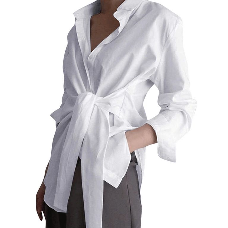 Listenwind Women V Neck Long Sleeve Shirts Button Down Blouses Tie Waist Tops - Walmart.com | Walmart (US)