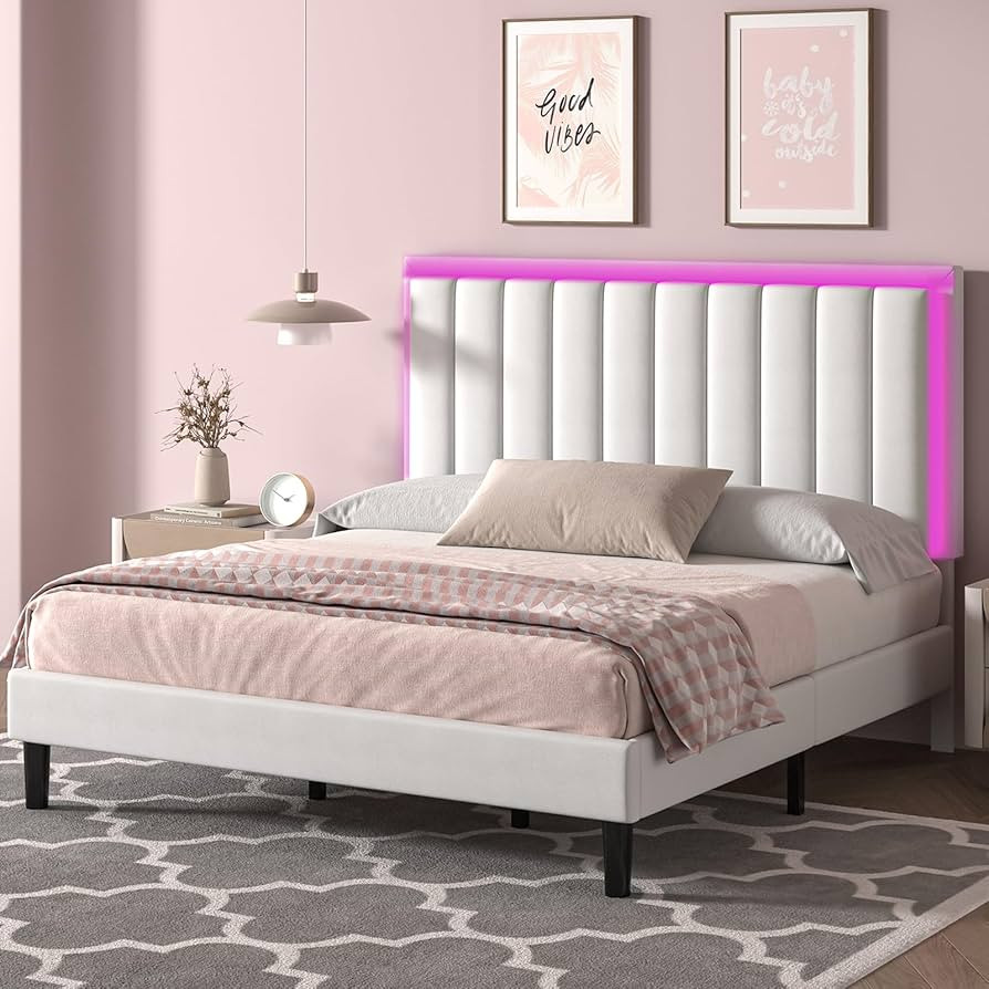 White King Size Bed Frame with LED Lights, Upholstered Bed Frame King with 43.3" PU Leather Headb... | Amazon (US)