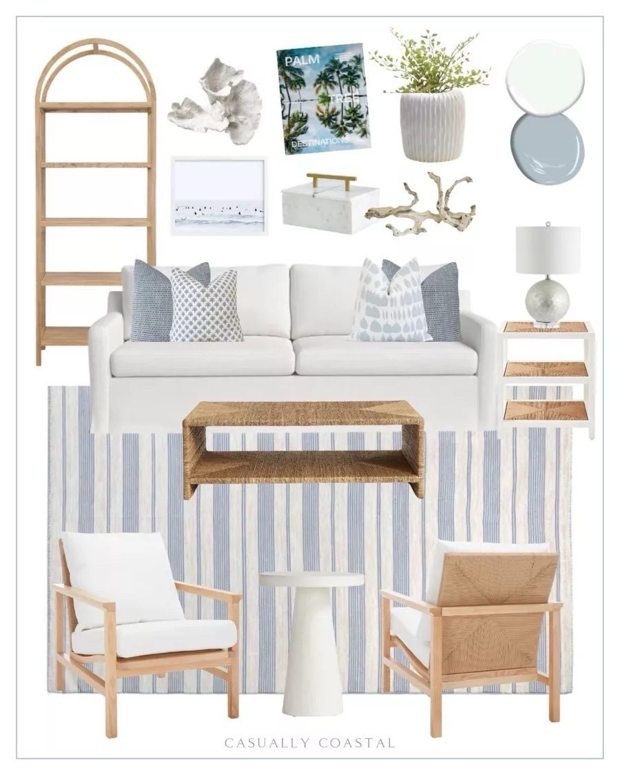 Coastal living room design inspiration! Featured paint colors are Benjamin Moore Santorini Blue & Chantilly Lace.
----
Coastal home decor, beach house decor, beach house style, beachy living room, pillow styling, coastal living room, coastal rug, striped rug, blue & white striped rug, wayfair rugs, coastal couch, white couches, Etsy pillows, coastal pillows, blue and white pillows, coastal pillow cover, Serena & lily side table, coastal side table, living room side table, white side tables, coastal wall art, coastal artwork, faux plants, faux plants, white vases, textured vases, coastal vase, coral decor, driftwood branch, coastal accents, coastal home accessories, Amazon coffee table books, coastal coffee table books, living room decor, striped pillow cover, living room rug, light wood accent chair, living room chairs, coastal chair, pedestal side table, round side table, pottery barn bookcase, arched bookcase, rectangular woven coffee table, pottery barn coffee tables, coastal coffee table, slip covered sofa, white sofa, marble decorative box, Amazon lamps, coastal lamp, living room lamps 

#LTKFindsUnder50 #LTKHome #LTKFindsUnder100