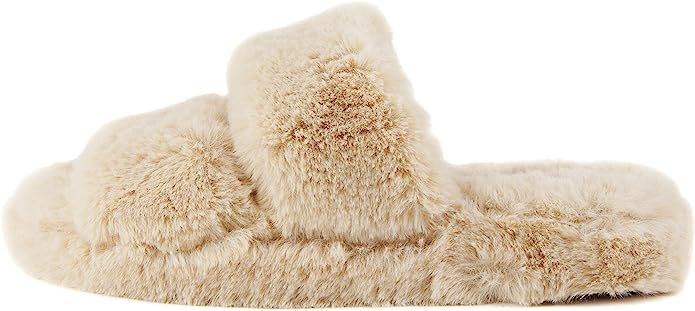 Soda Corset ~ Women Super Soft Faux Fur Fuzzy Fluffy 2 Band Strap Open Toe Slide Slipper | Amazon (US)