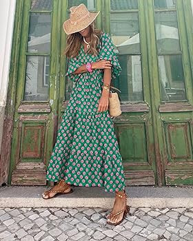 miduo Womens Loose Fit Casual Summer V Neck Half Sleeve Bohemian Geometric Pattern Maxi Long Dres... | Amazon (US)