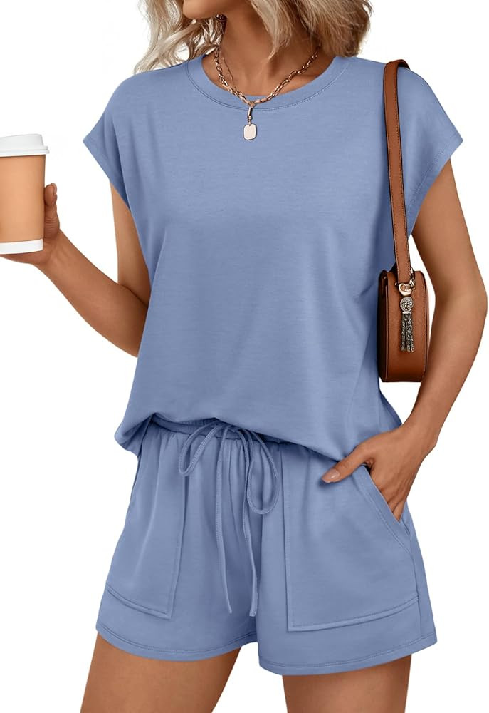 LILLUSORY Womens Crew Neck Cap Sleeve Drawstring Two Piece Summer short Sets Sweatsuit with Pocke... | Amazon (US)