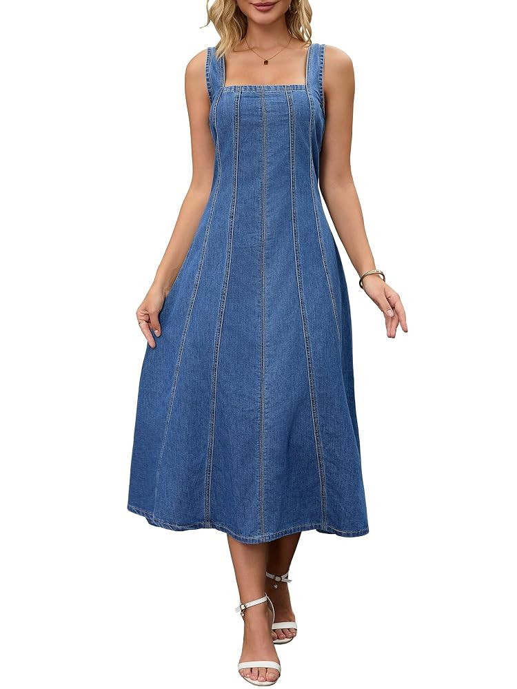 Women's Sleeveless Denim Dresses Square Neck Cute Swing A Line Midi Dresses | Amazon (US)