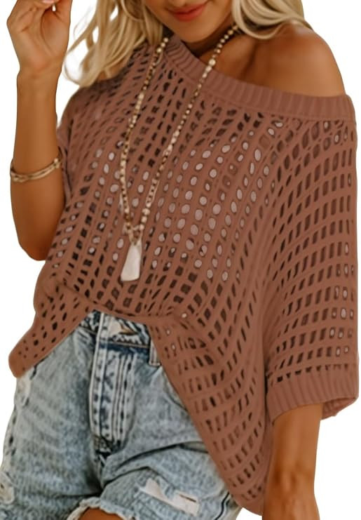Dokotoo Womens Summer Scoop Neck Short Sleeve Sweater Casual Crochet Hollow Out Knit Tops Pullove... | Amazon (US)