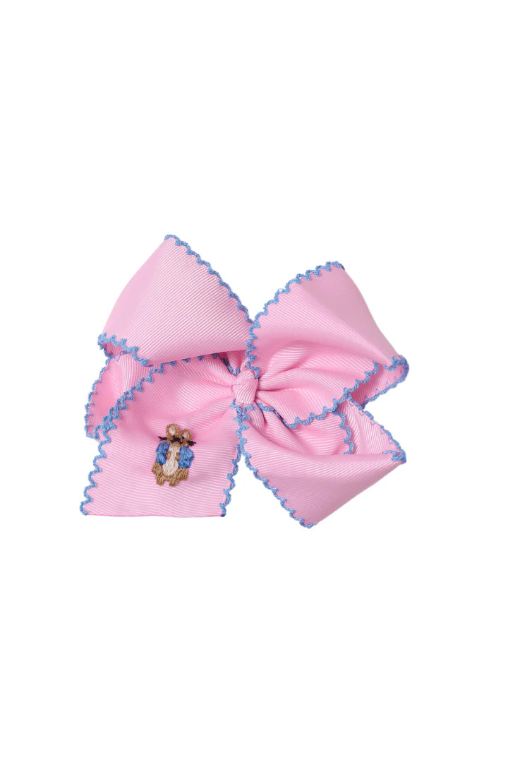Scalloped Edge Grosgrain Bow with Embroidered Bunny Pink/Blue | The Smocked Flamingo